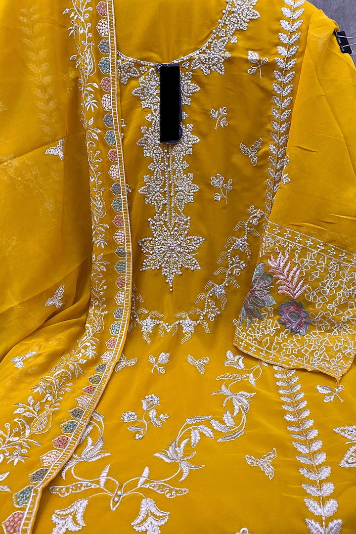 Moti Work Yellow Georgette Salwar Suit | Designer Indian Wear