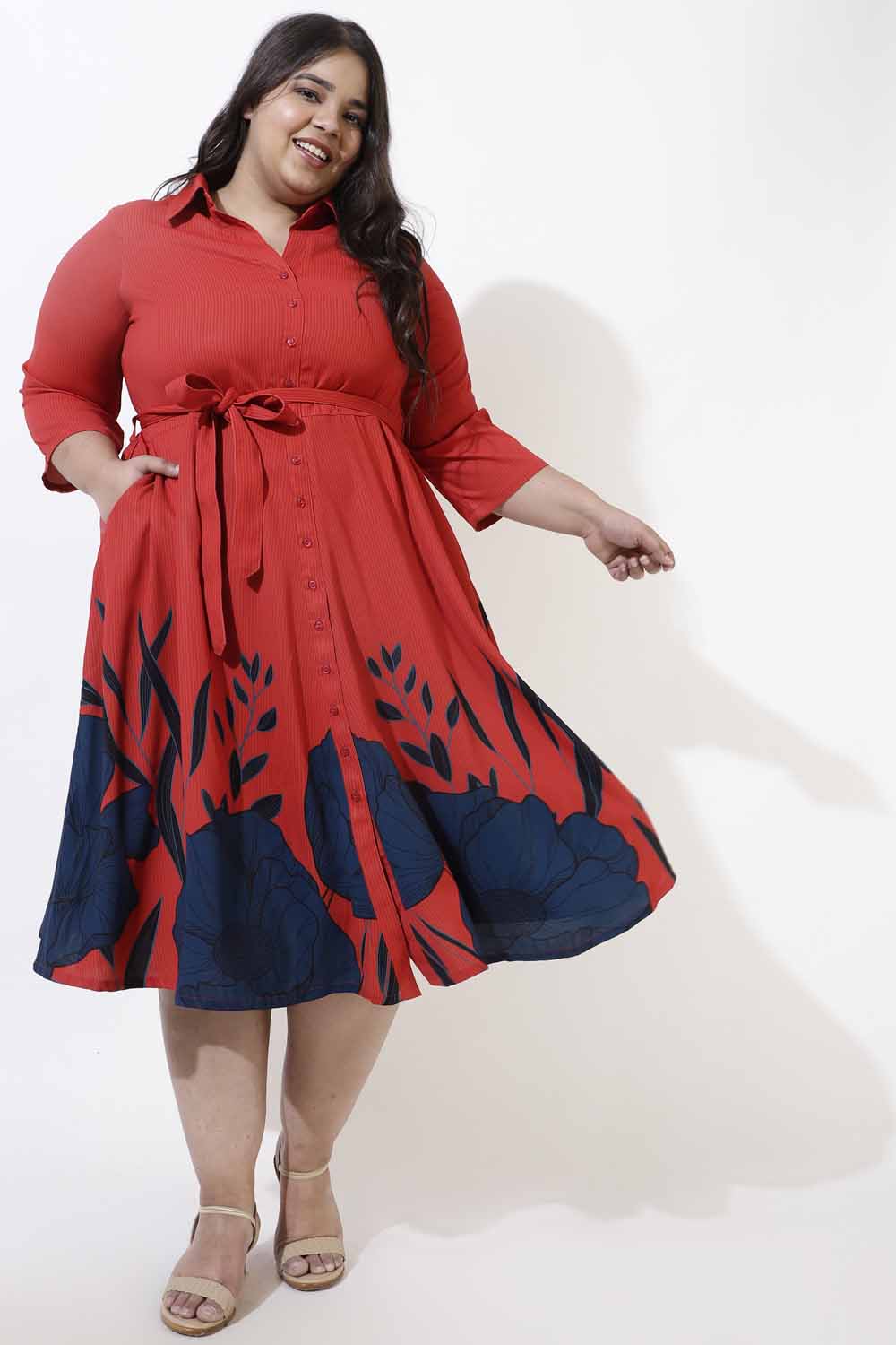 Plus Size Red Floral Printed Crepe Shirt Dress