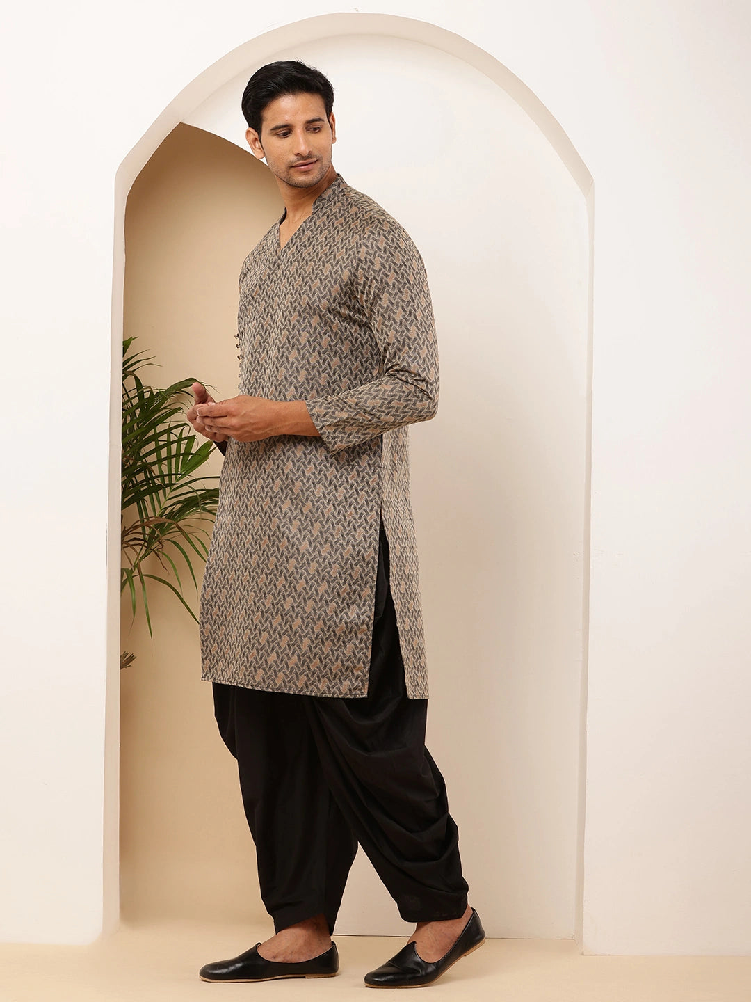 Gray Viscose Blend Kurta for Men with Minimal Print and Slim Modern Fit