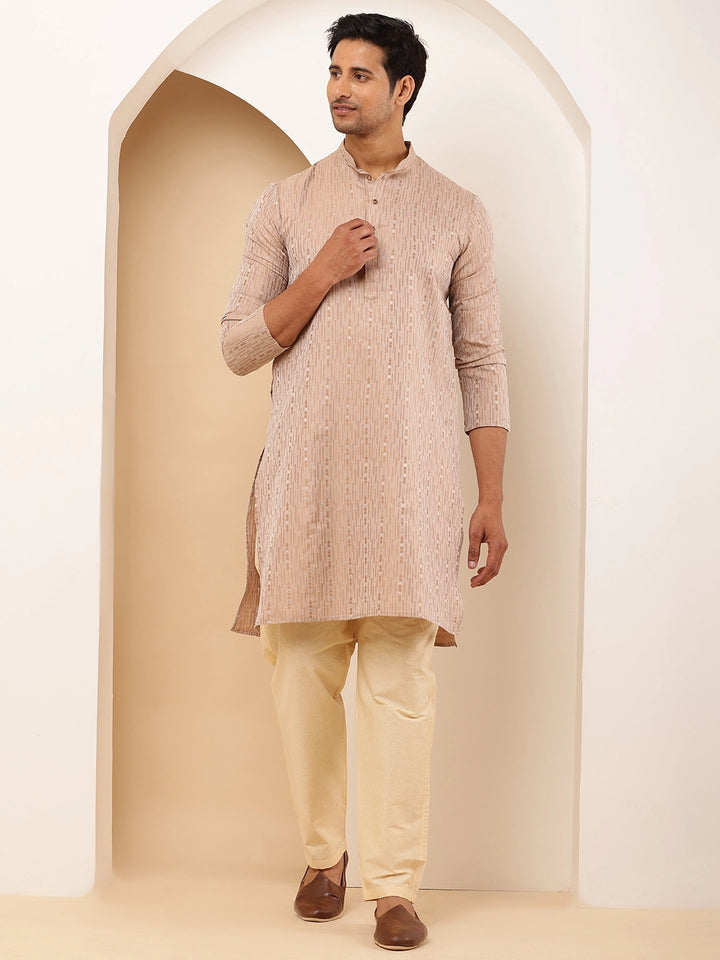 Light Peach Cotton Kurta with Subtle Embroidery for Occasions
