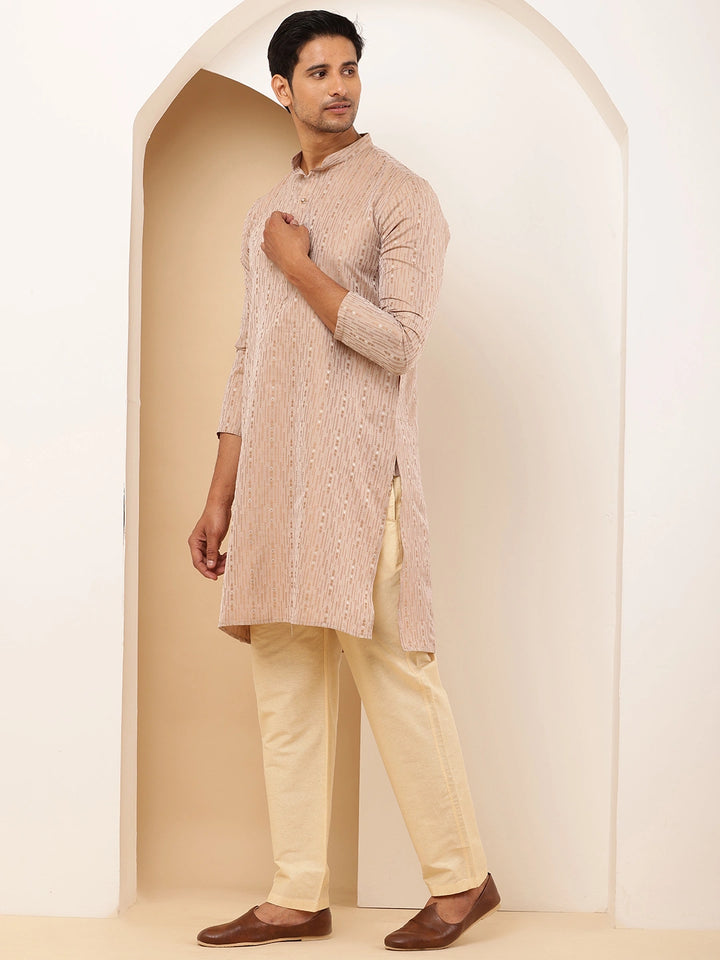 Light Peach Cotton Kurta with Subtle Embroidery for Occasions