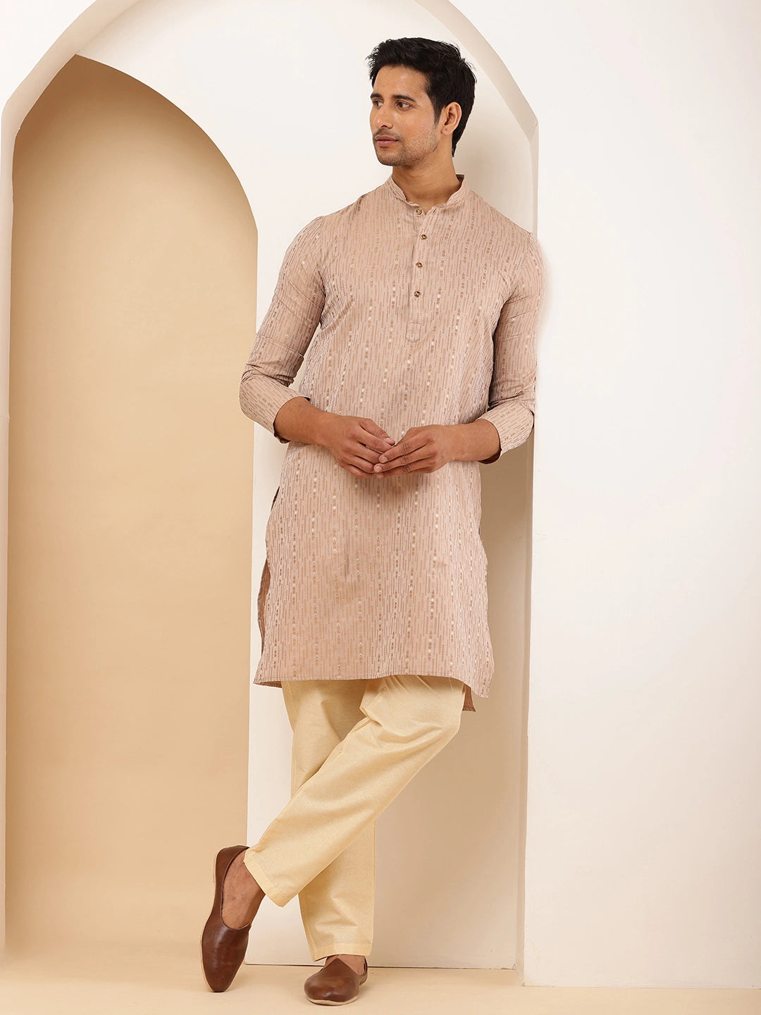 Light Peach Cotton Kurta with Subtle Embroidery for Occasions
