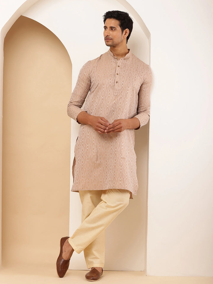 Light Peach Cotton Kurta with Subtle Embroidery for Occasions