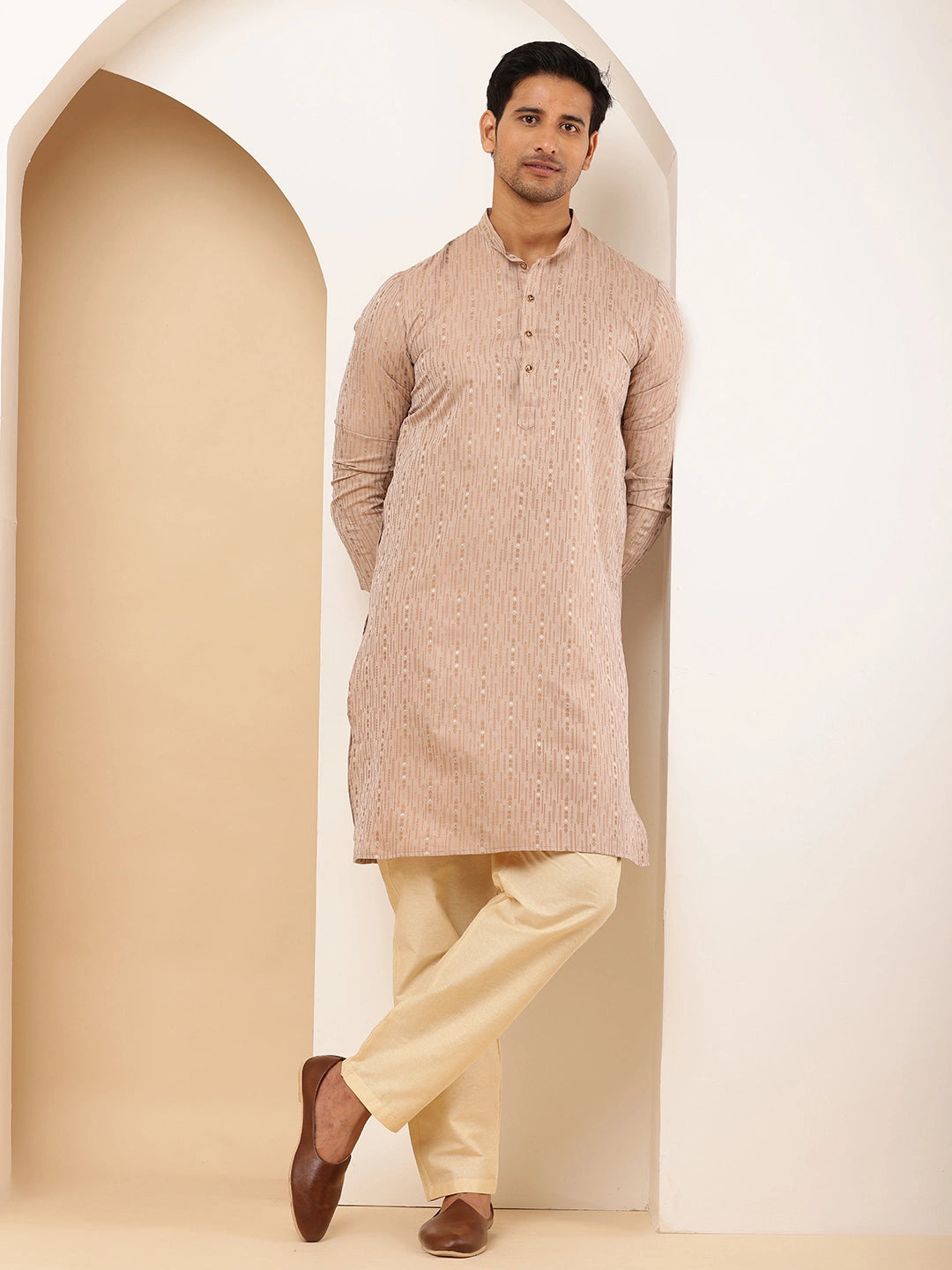 Light Peach Cotton Kurta with Subtle Embroidery for Occasions