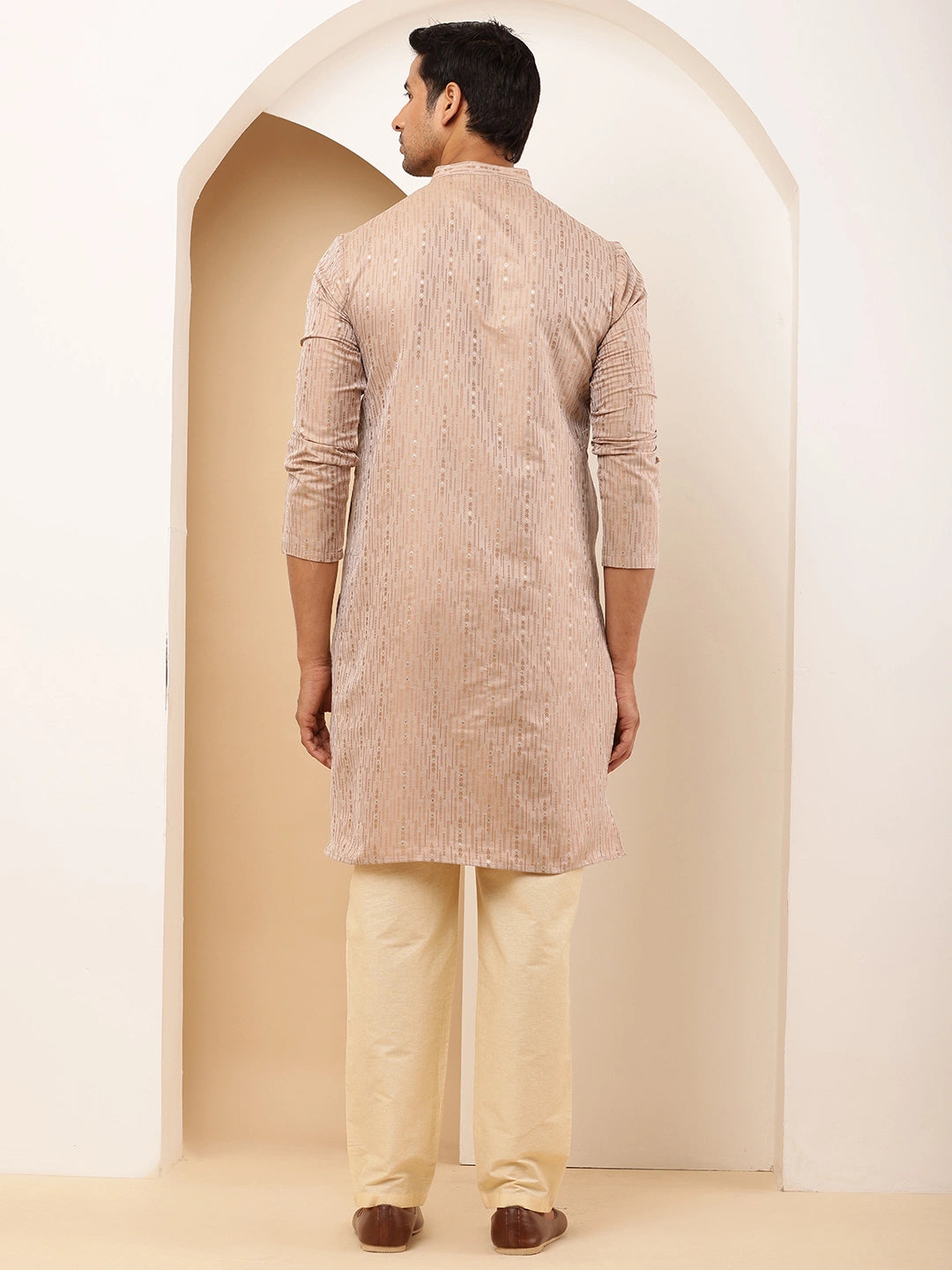 Light Peach Cotton Kurta with Subtle Embroidery for Occasions