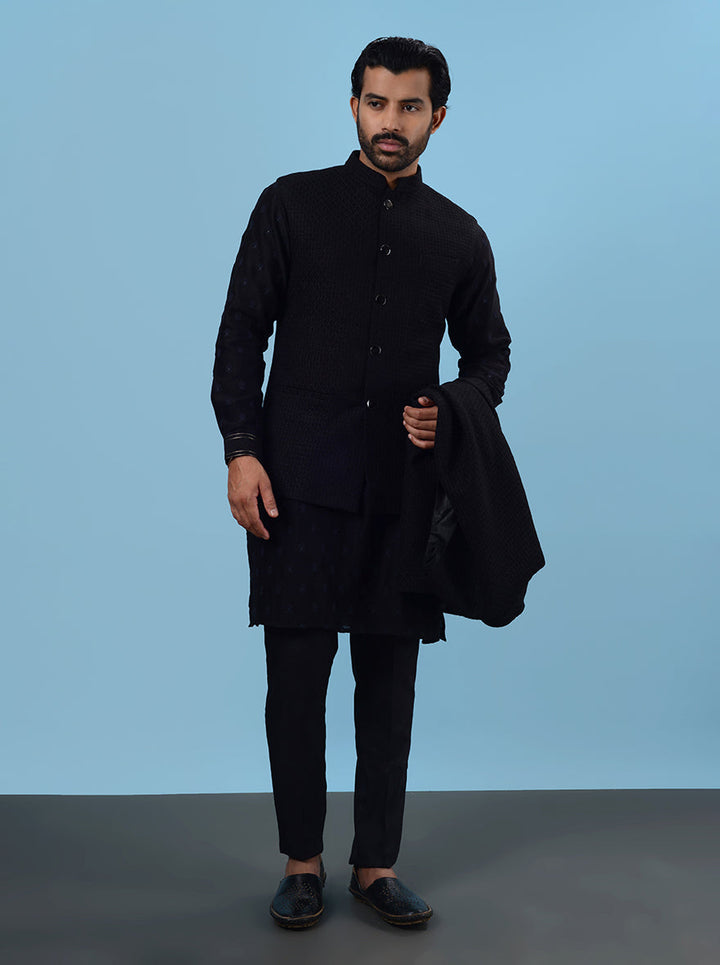 Elegant black Indowestern with resham and kasab embroidery