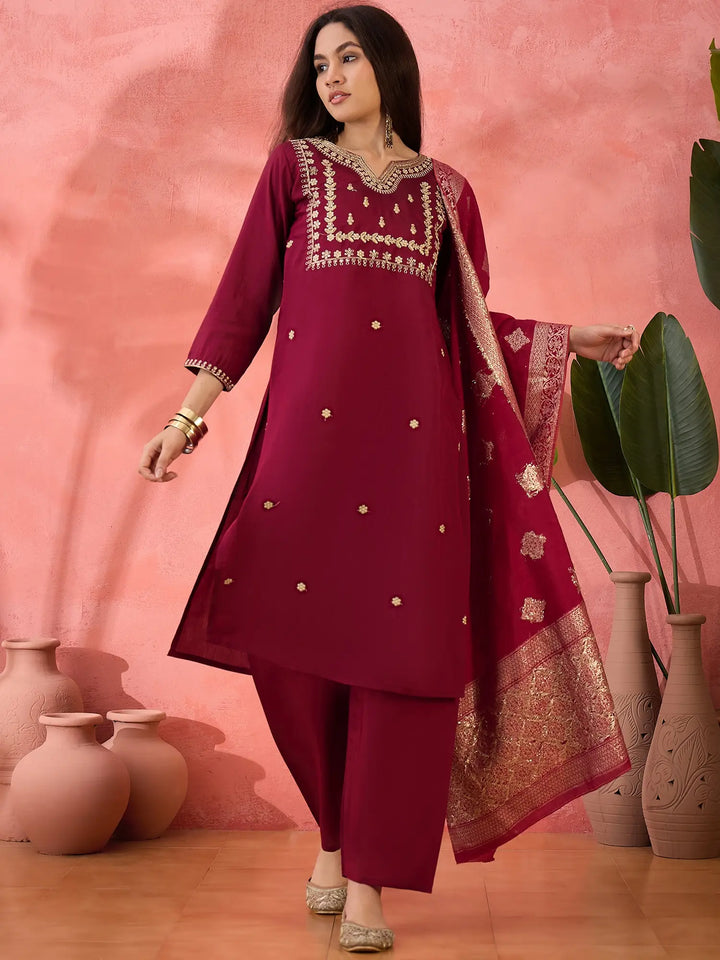 Maroon Roman Silk Suit with Embroidery