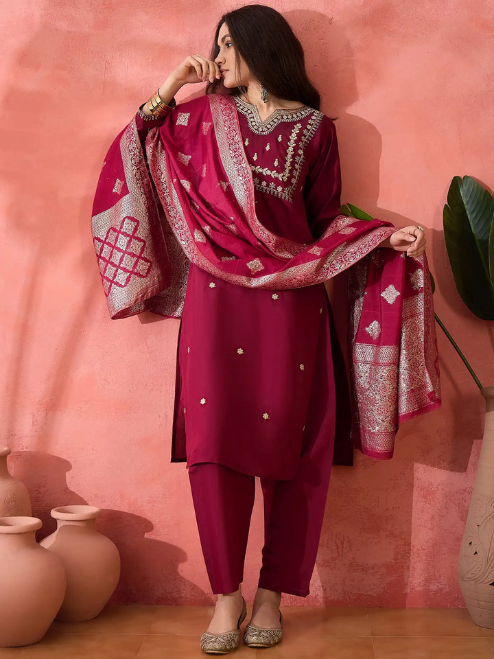 Maroon Suit Set with Jacquard Dupatta