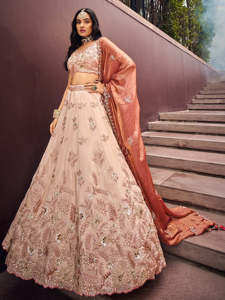 Charming Peach Embroidered Rayon Engagement√É‚Äö√Ç¬†Wear Lehenga Choli