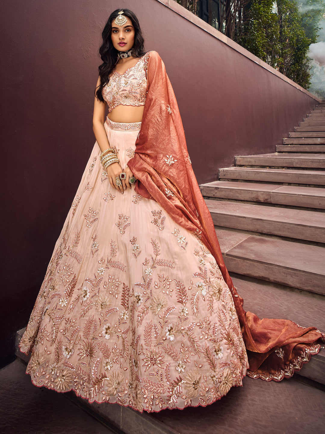 Charming Peach Embroidered Rayon Engagement√É‚Äö√Ç¬†Wear Lehenga Choli