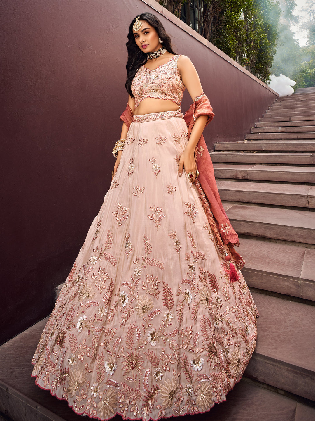 Charming Peach Embroidered Rayon Engagement√É‚Äö√Ç¬†Wear Lehenga Choli