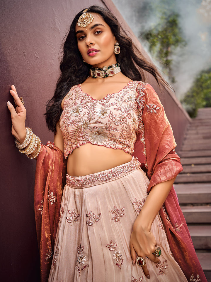 Charming Peach Embroidered Rayon Engagement√É‚Äö√Ç¬†Wear Lehenga Choli