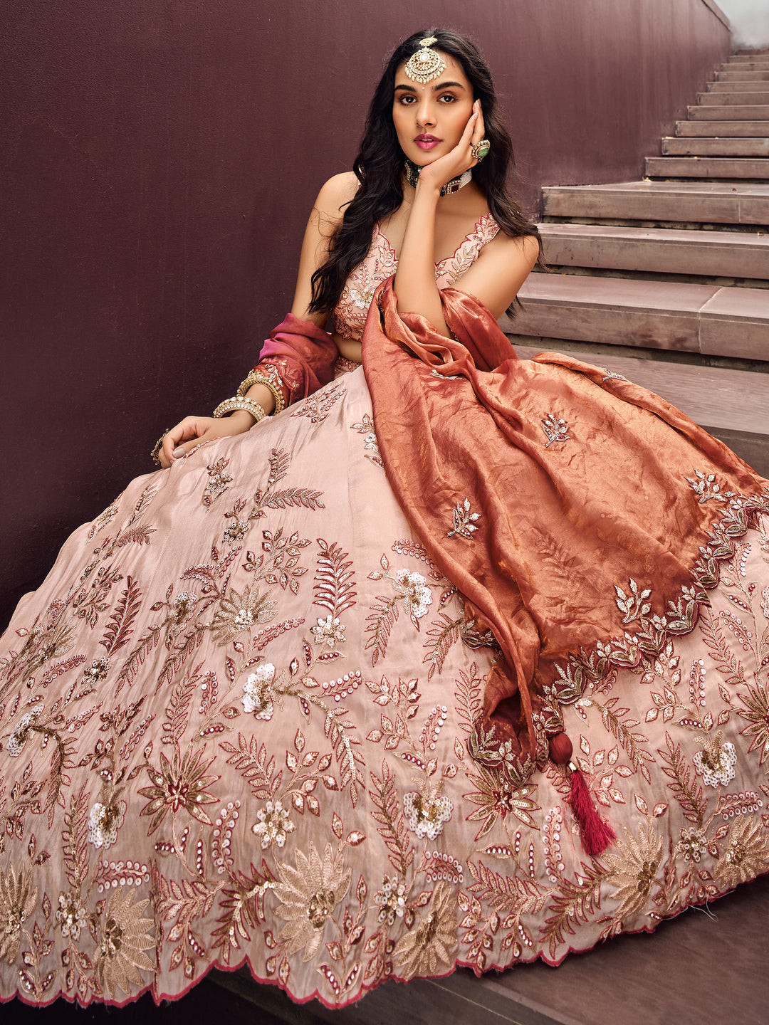 Charming Peach Embroidered Rayon Engagement√É‚Äö√Ç¬†Wear Lehenga Choli