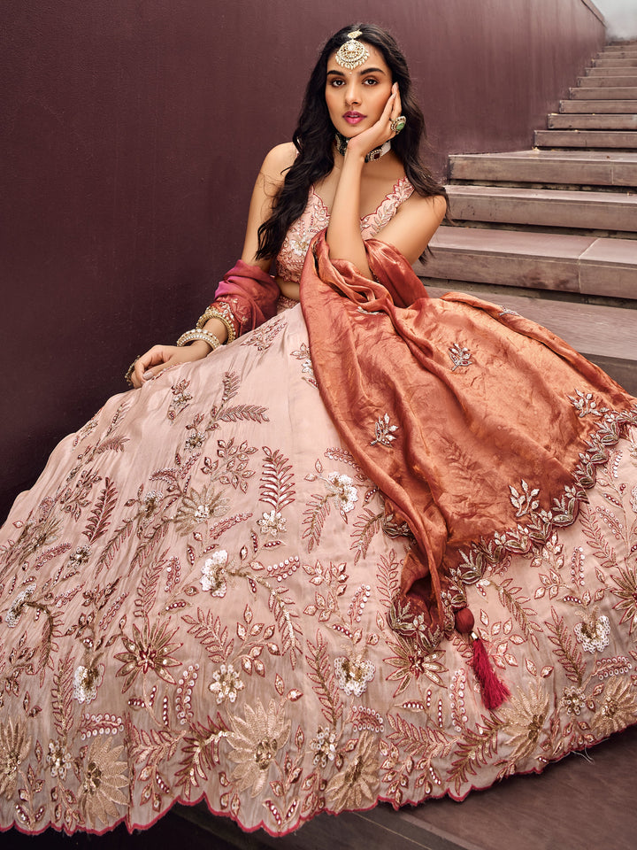 Charming Peach Embroidered Rayon Engagement√É‚Äö√Ç¬†Wear Lehenga Choli