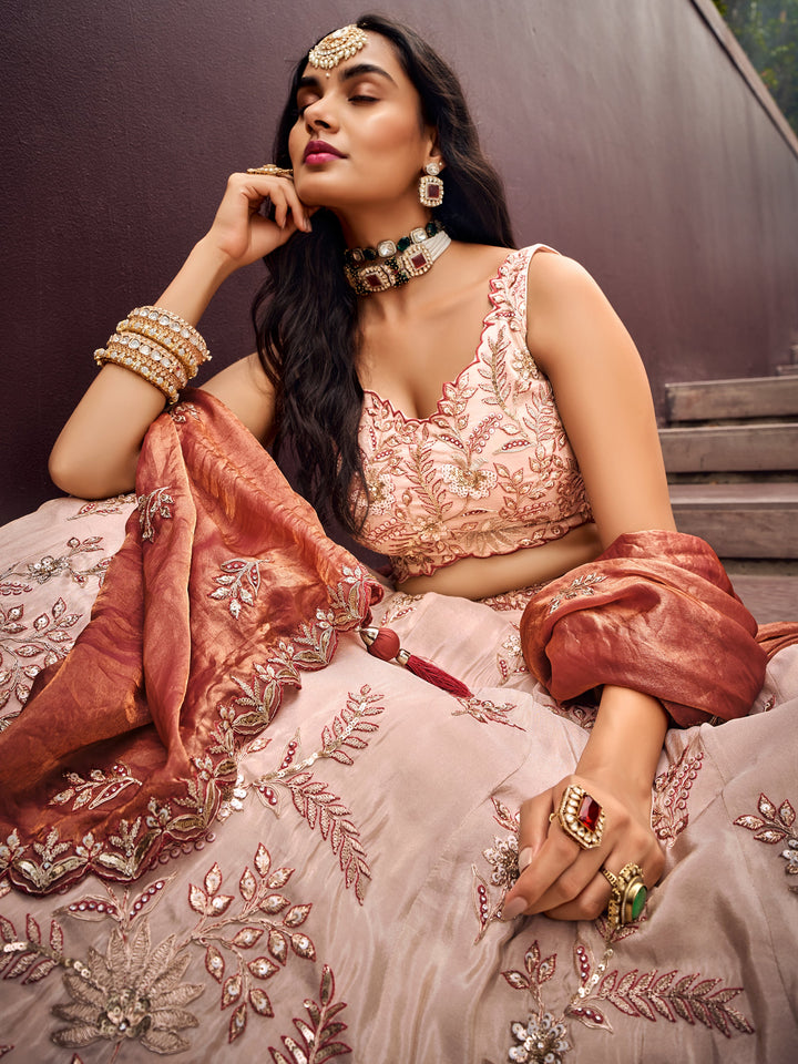 Charming Peach Embroidered Rayon Engagement√É‚Äö√Ç¬†Wear Lehenga Choli