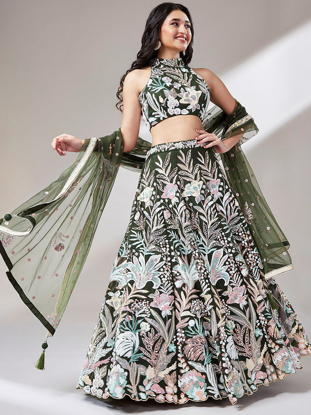 Mehendi wear olive lehenga for women