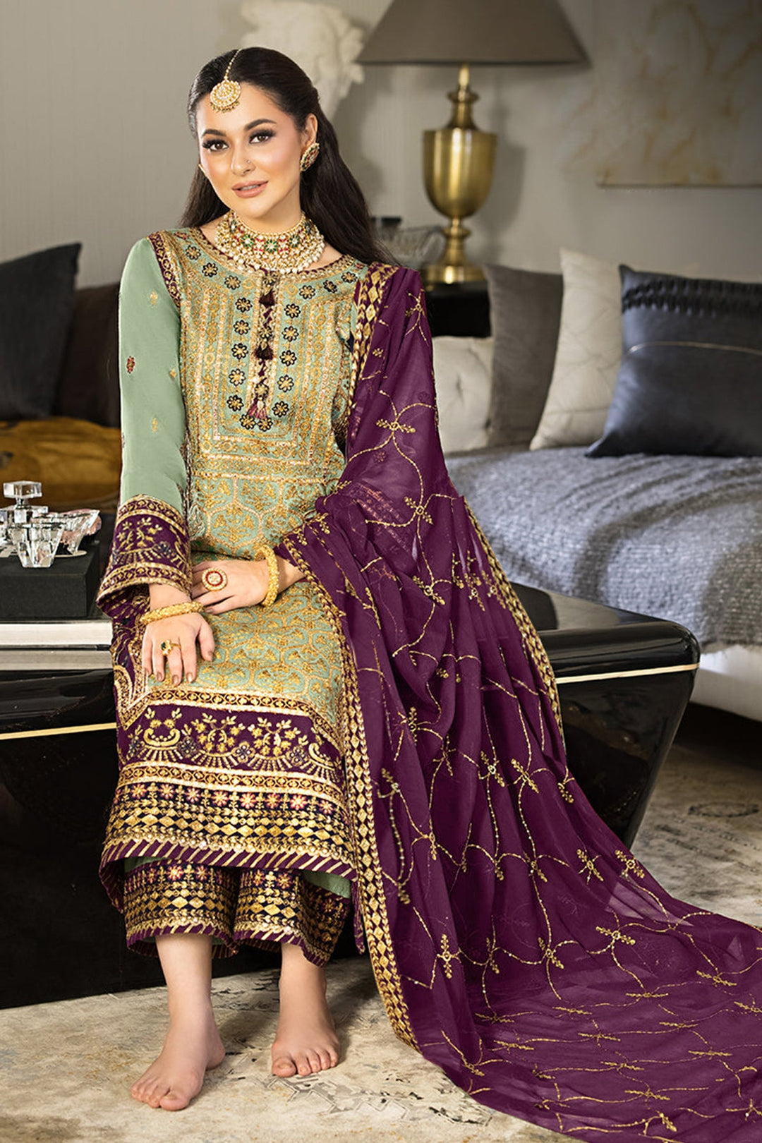 Mint Green Indian Salwar Kameez | Designer Suit with Heavy Embroidery