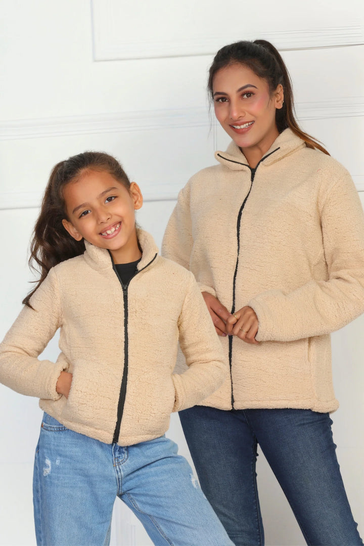 Mom and Daughter Winter Fashion: Cream Fleece Jacket Duo