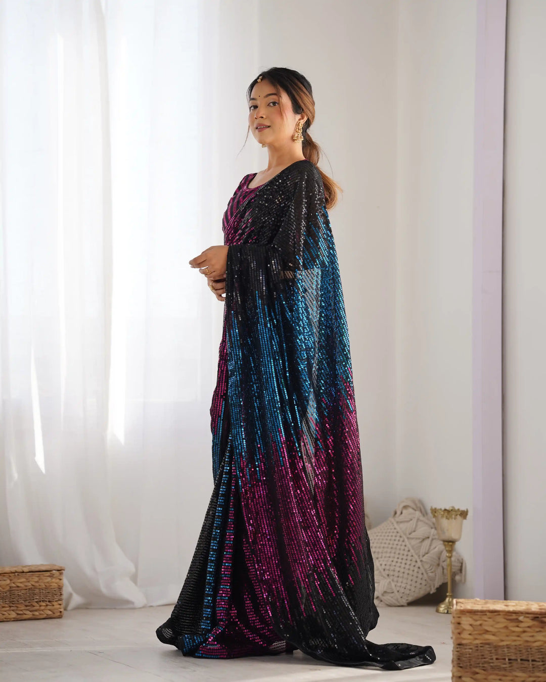 Buy Elegant Multicolor Georgette Saree with Designer Sequins Embroidery