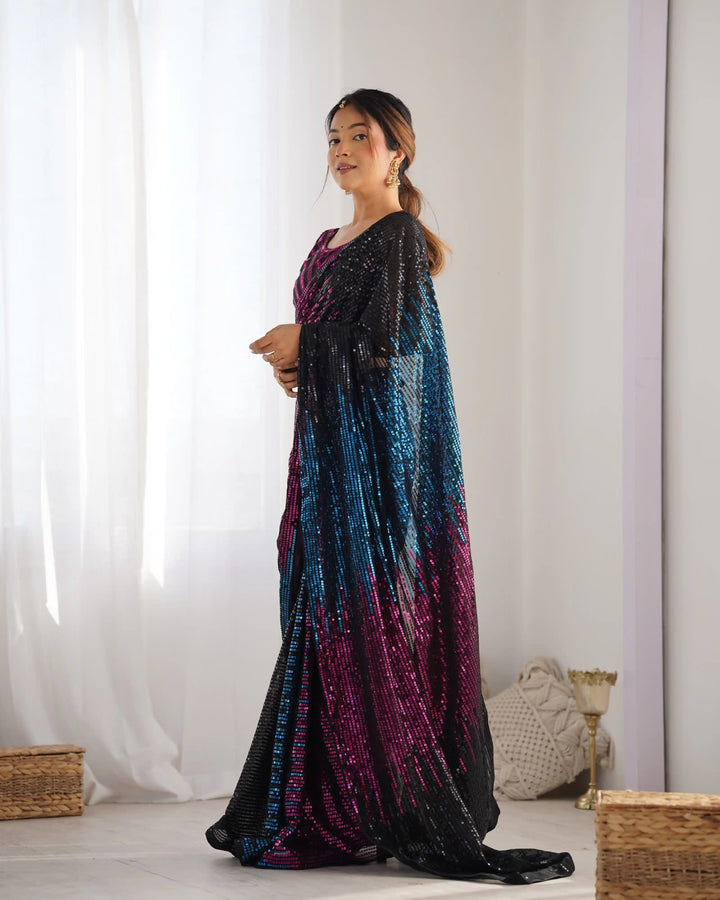 Buy Elegant Multicolor Georgette Saree with Designer Sequins Embroidery