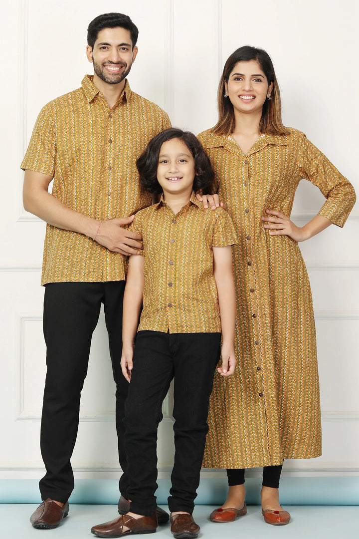 Stylish Mustard Gown with Matching Shirt: Family Matching Set