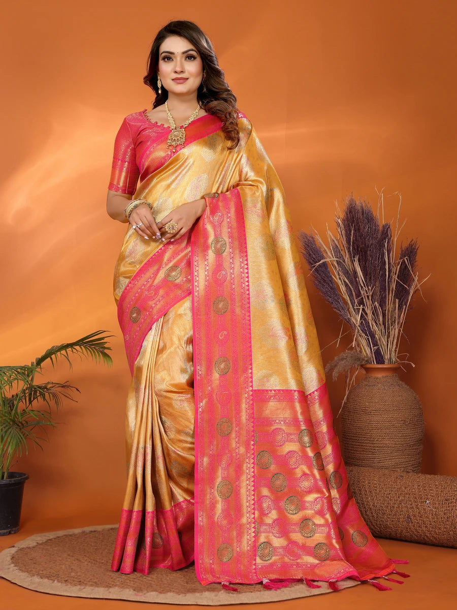 Mustard Banarasi Tissue Silk Saree with Paithani Design