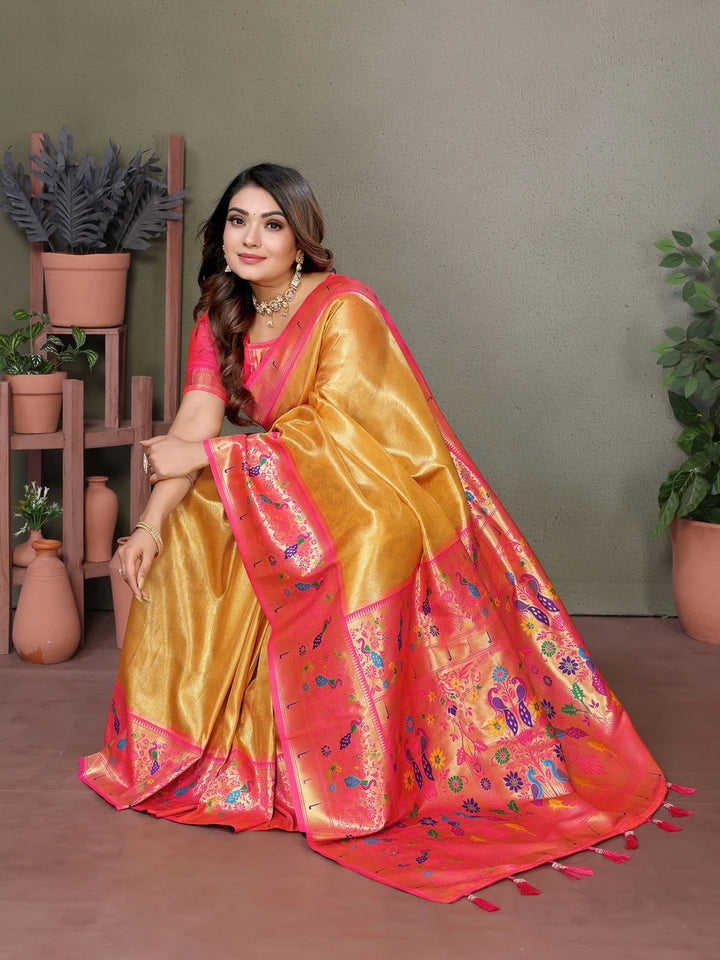 Mustard Luxurious Banarasi Tissue Silk Saree with Paithani Designer Work Blouse
