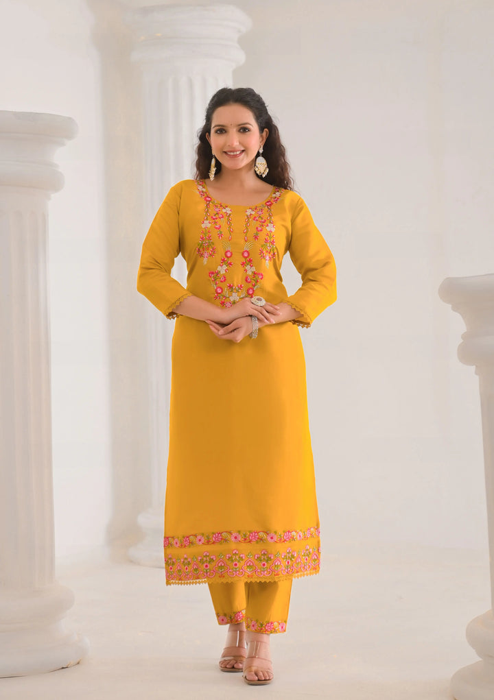 Mustard ethnic suit set with embroidery details

