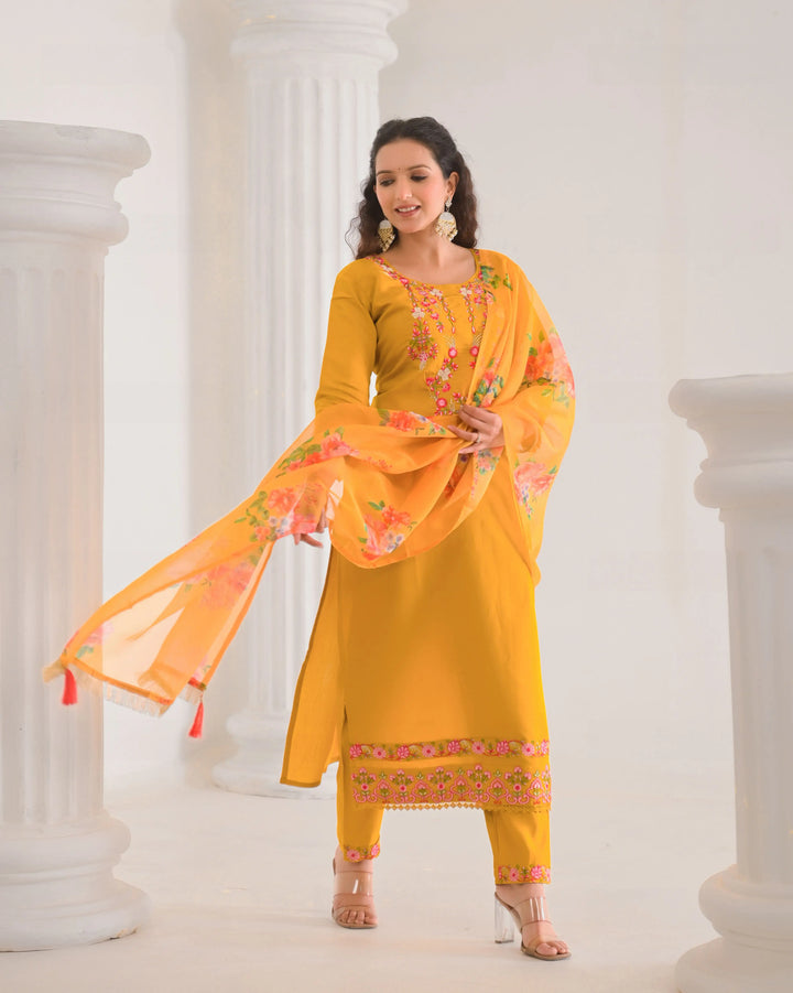 Mustard salwar kameez with silk dupatta front view

