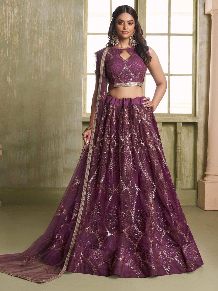 Attractive Wine Sequins Net Party Wear Lehenga Choli With Dupatta