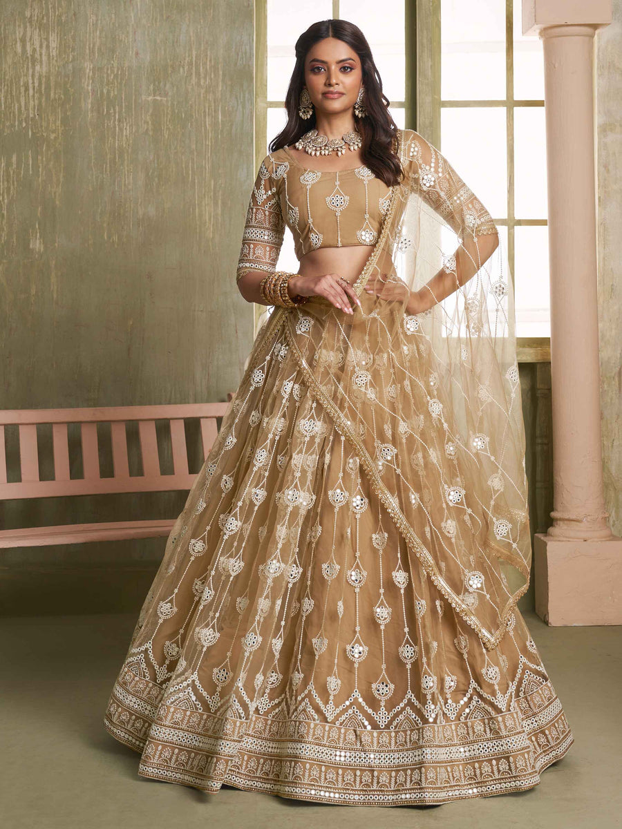 Dazzling Beige Sequins Net Engagement Wear Lehenga Choli