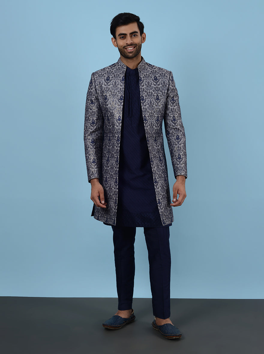 Elegant grey and blue Indowestern with resham and pintux kurta