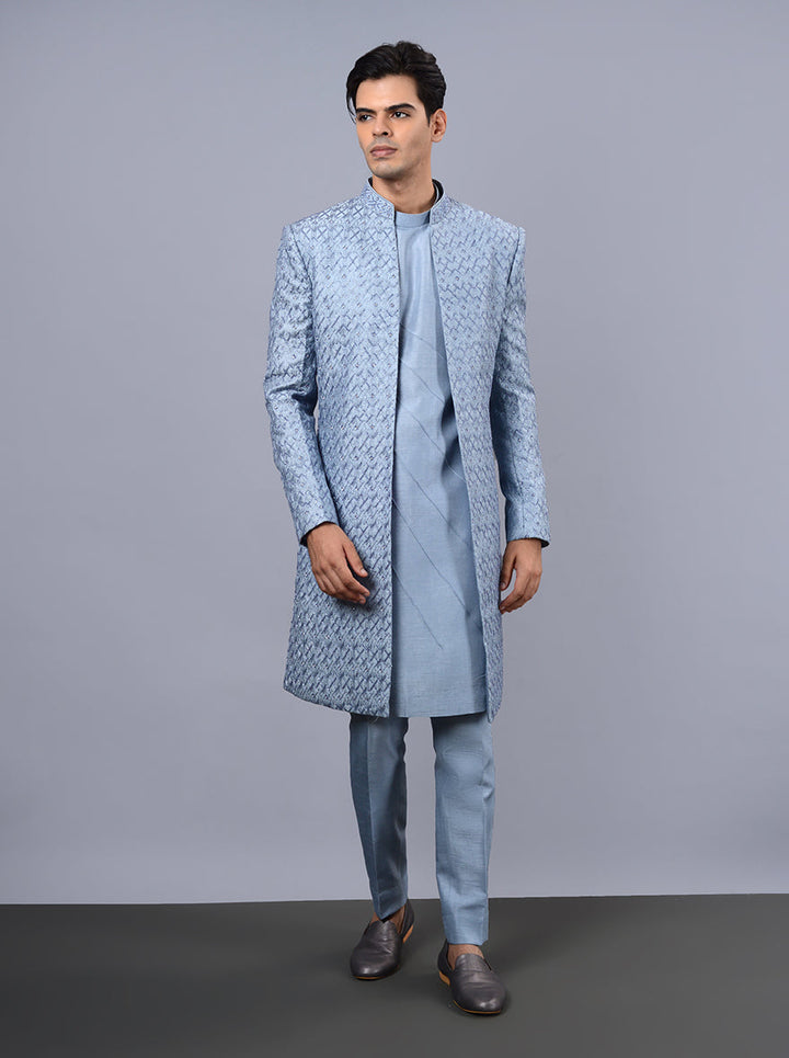 Stylish powder blue Indowestern with full sleeves and embroidery