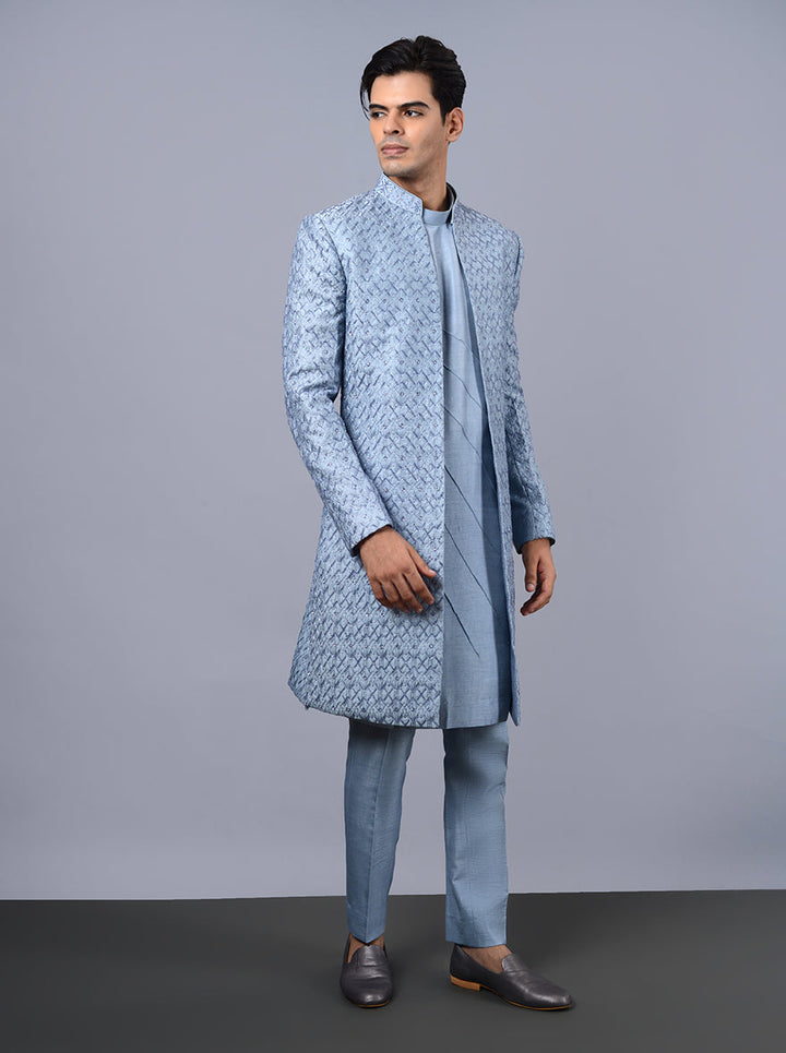 Elegant powder blue Indowestern with resham and sequins embroidery