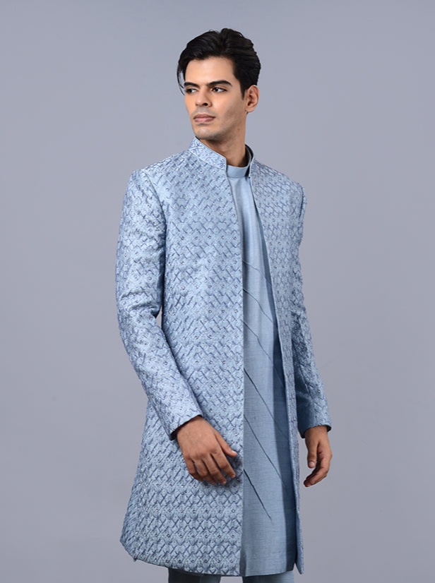 Powder Blue Silk Blend Indowestern | Full Sleeve & Regular Fit