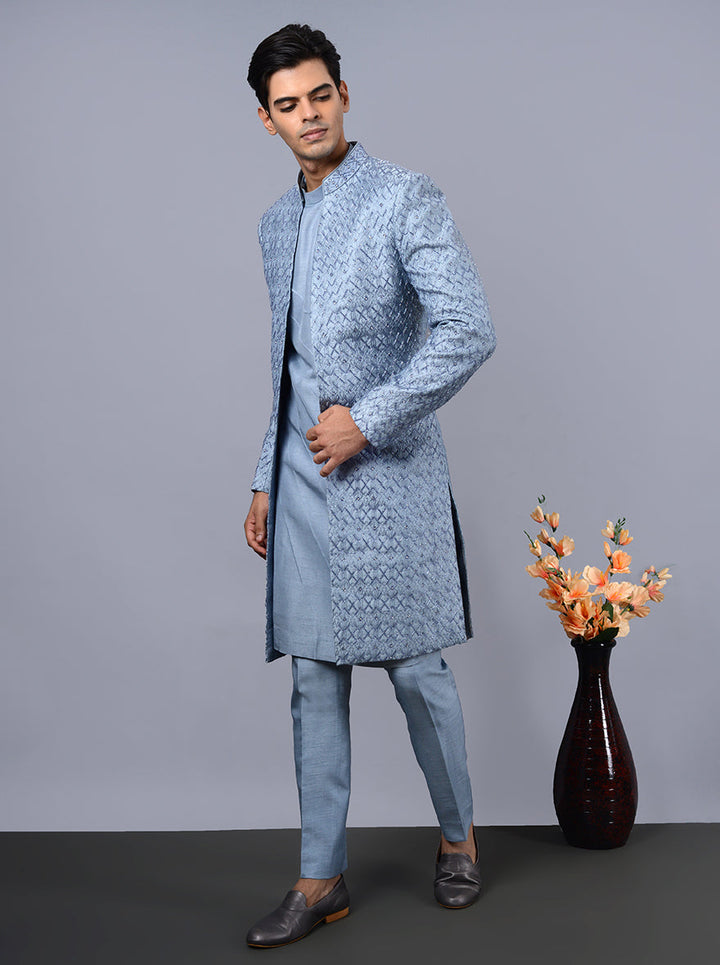 Powder blue silk blend Indowestern, men’s full-sleeve ethnic wear