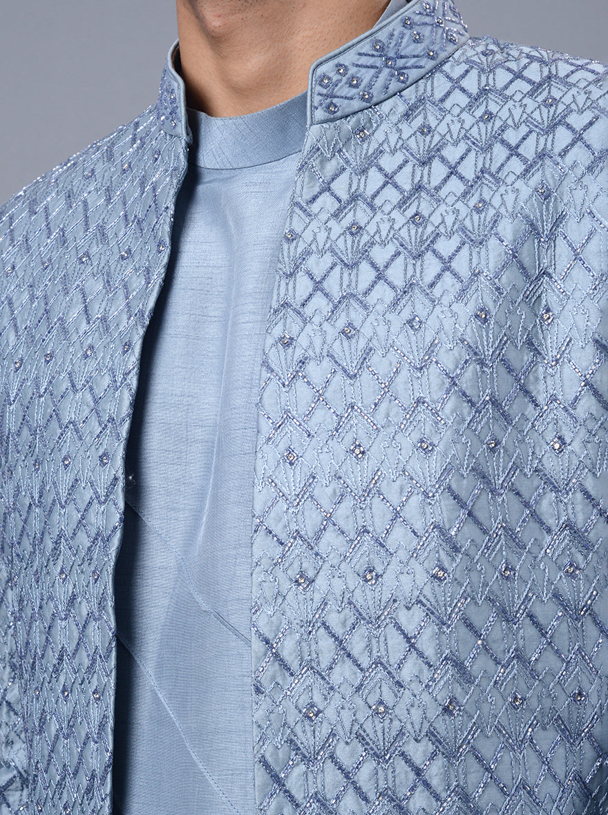 Classic powder blue men’s outfit, embroidered silk blend Indowestern