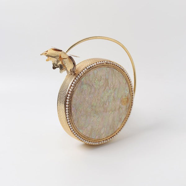 Naaz Embellished Mother of Pearl Clutch | Elegant Brass Flower Handle Bag
