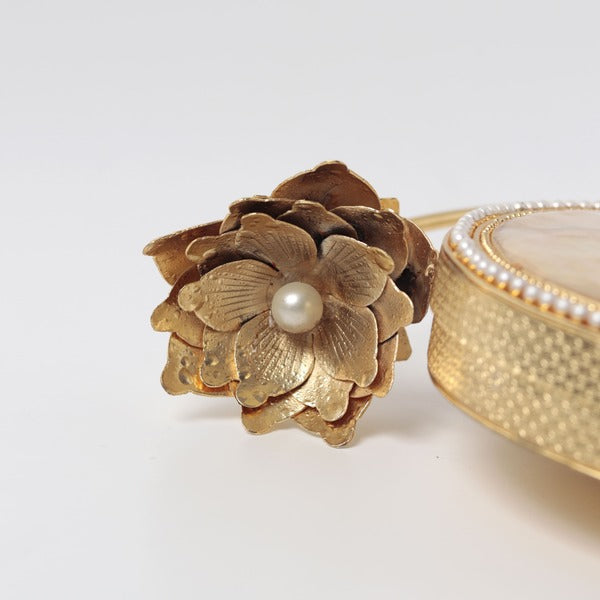 Naaz Embellished Mother of Pearl Clutch | Elegant Brass Flower Handle Bag