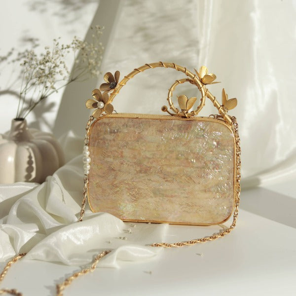 Naira Mother of Pearl Clutch | Limited Edition Brass Handle Design
