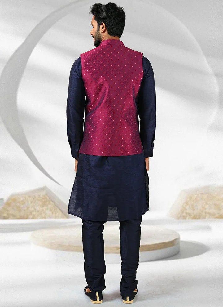 Navy Blue & Maroon Banarasi Silk Kurta Pajama with Jacket | Jacquard Design Party Wear