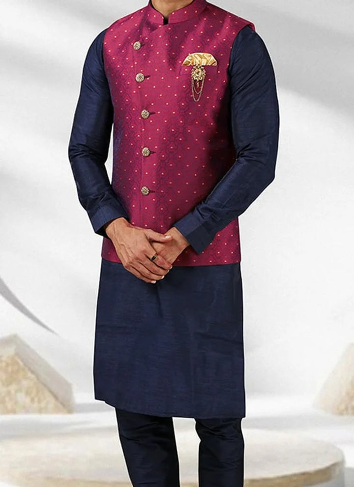 Navy Blue & Maroon Banarasi Silk Kurta Pajama with Jacket | Jacquard Design Party Wear