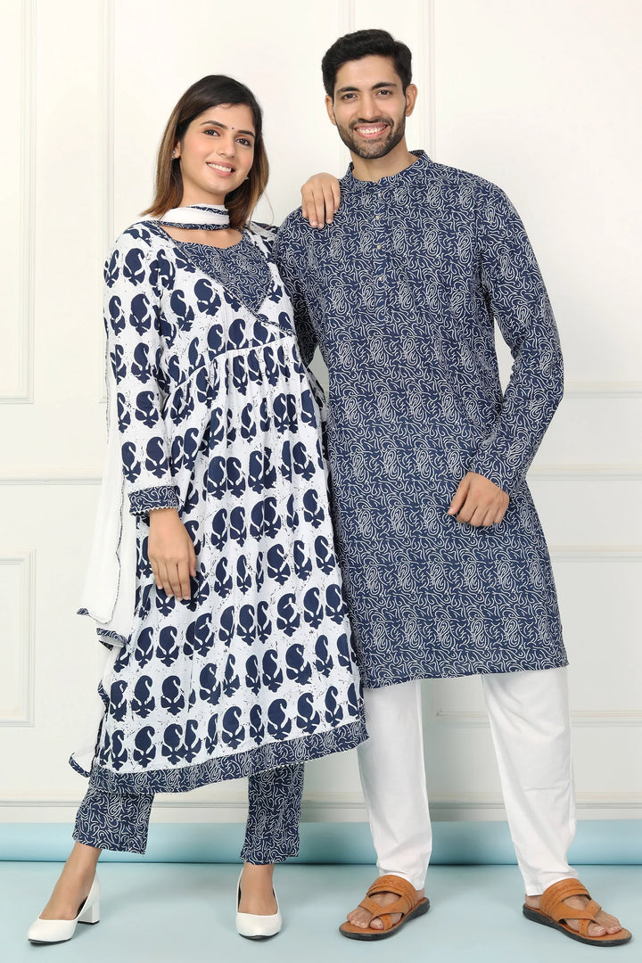 Navy and White Indigo Coordinated Printed Kurta Pyjama Couple Twin Set for a Stylish Ensemble