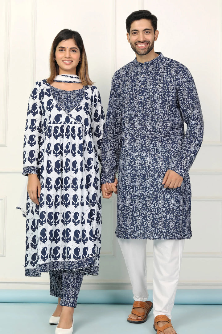 Navy and White Indigo Coordinated Printed Kurta Pyjama Couple Twin Set for a Stylish Ensemble