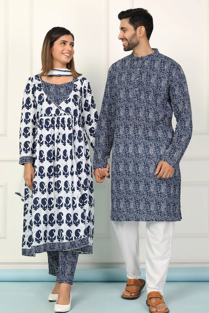 Navy and White Indigo Coordinated Printed Kurta Pyjama Couple Twin Set for a Stylish Ensemble