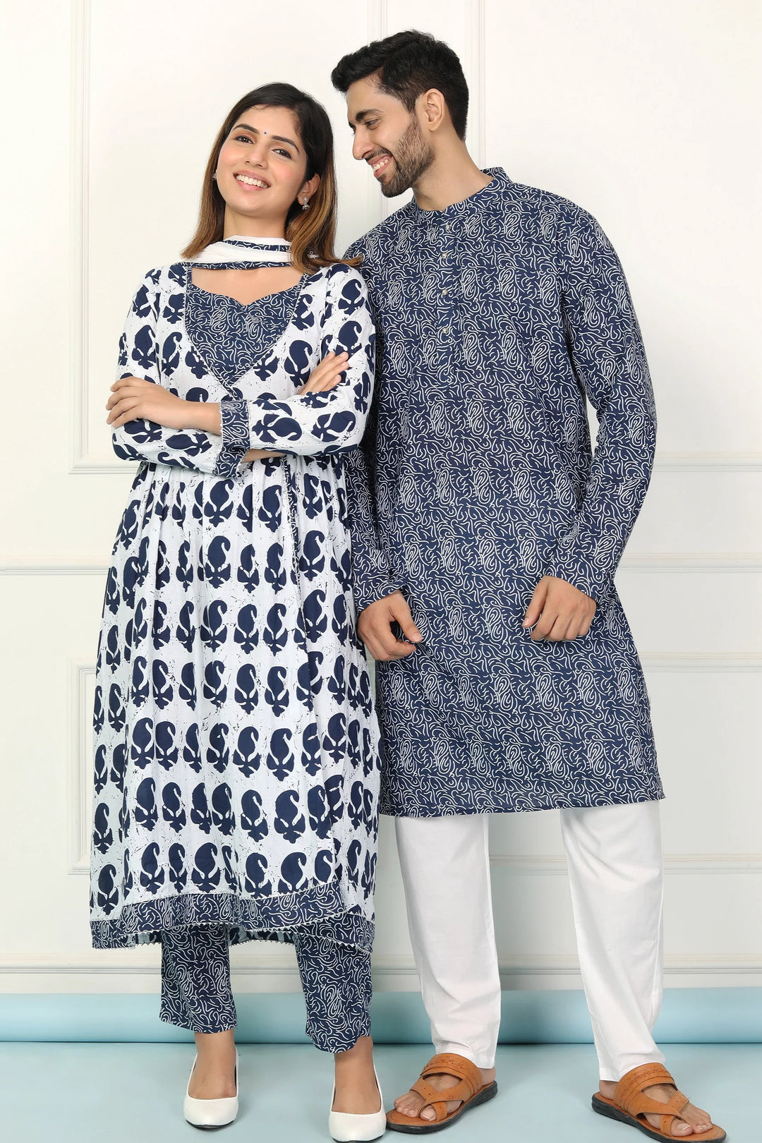 Navy and White Indigo Coordinated Printed Kurta Pyjama Couple Twin Set for a Stylish Ensemble
