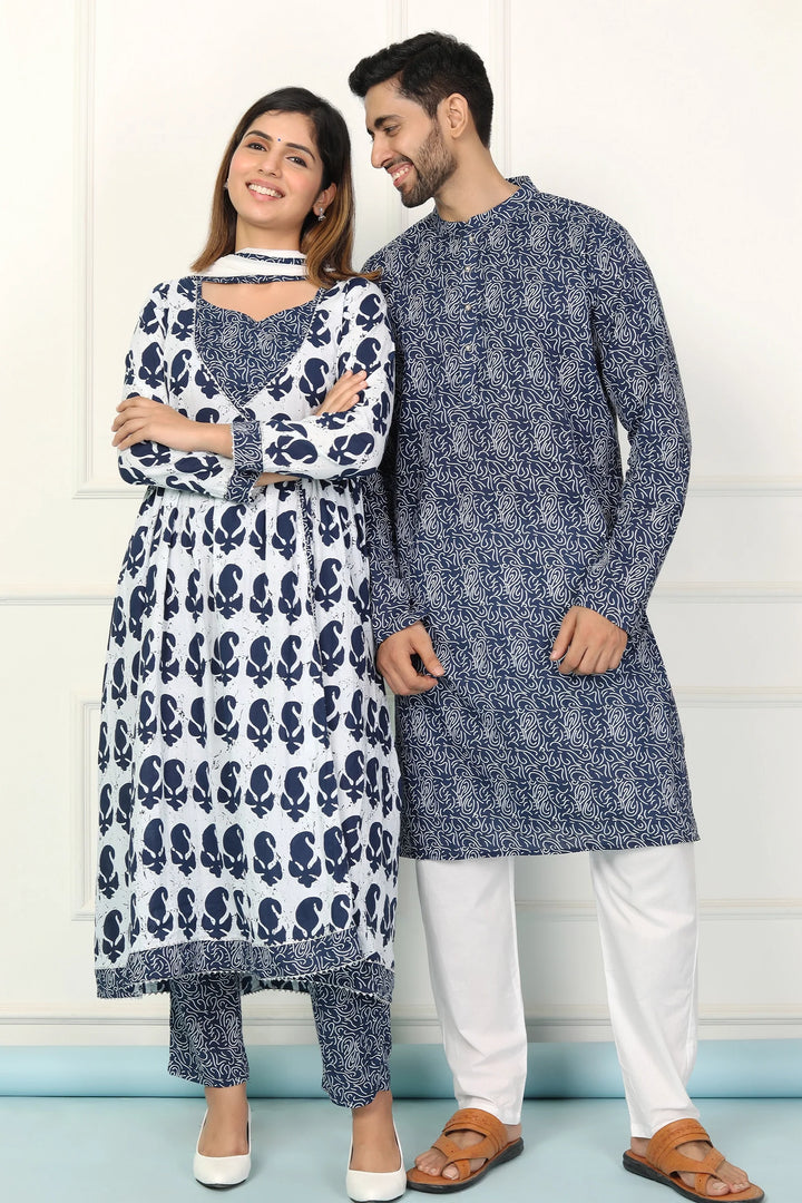 Navy and White Indigo Coordinated Printed Kurta Pyjama Couple Twin Set for a Stylish Ensemble