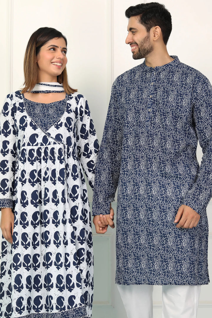 Navy and White Indigo Coordinated Printed Kurta Pyjama Couple Twin Set for a Stylish Ensemble