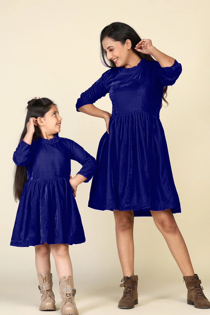 Navy Samaira Velvet Dresses for Mom & Daughter