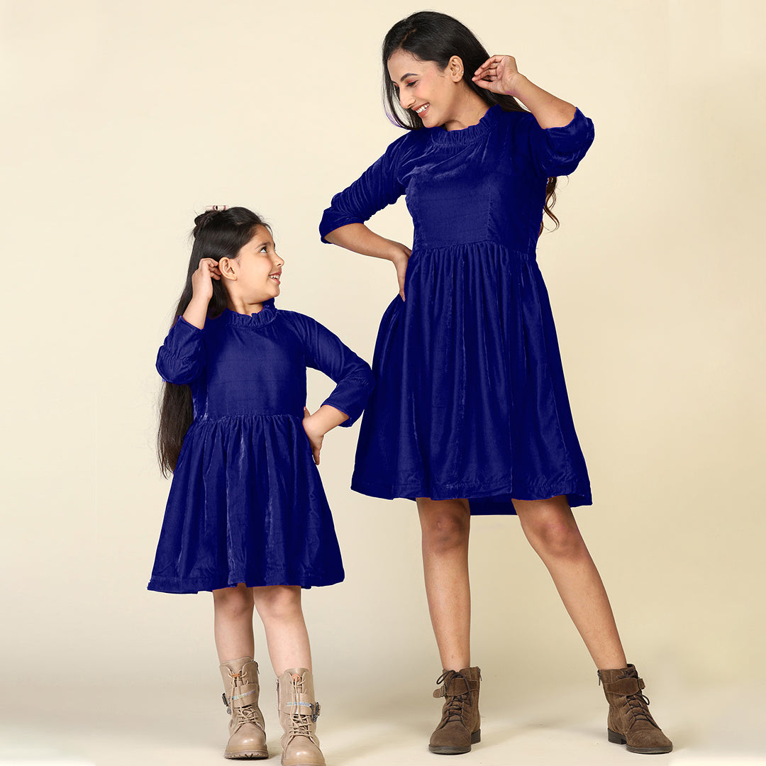 Navy Samaira Velvet Dresses for Mom & Daughter
